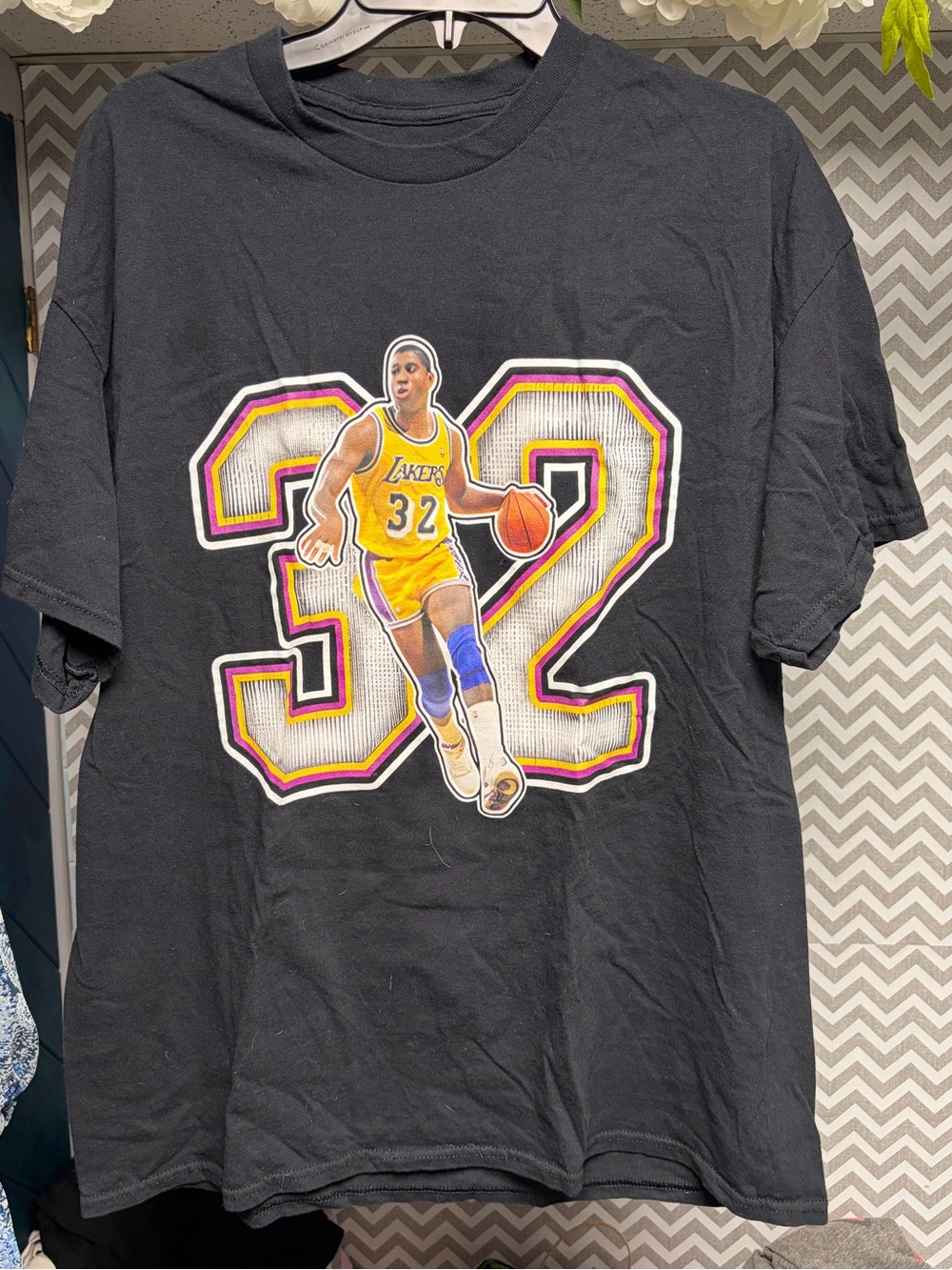 Black Men's Short Sleeve Graphic Tee with Yellow Basketball Number